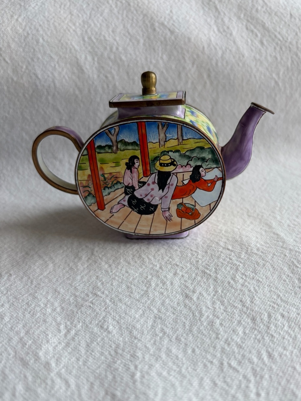 Kelvin Chen Signed Miniature Enamel Over Metal Teapot #490 Paul Gauguin Inspired